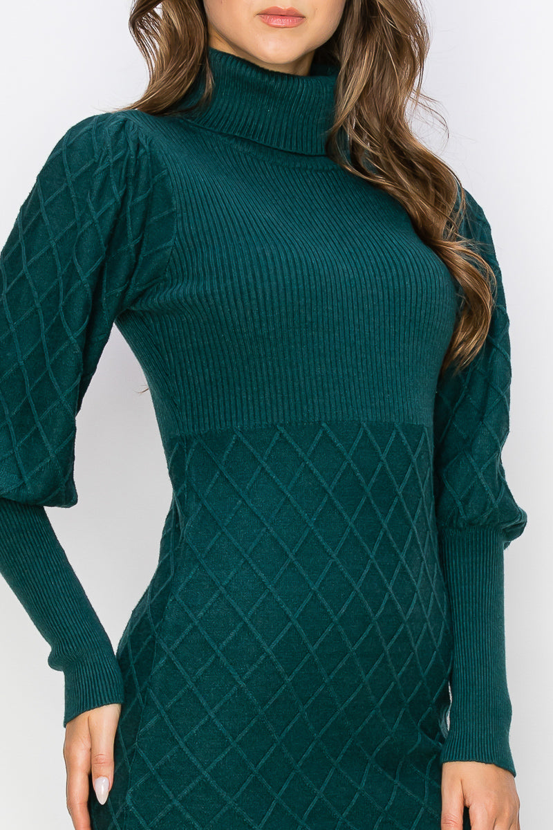 WD0020 Diamond Patterned Turtle Neck Sweater Dress - WINE / L - Burzip Wholesale