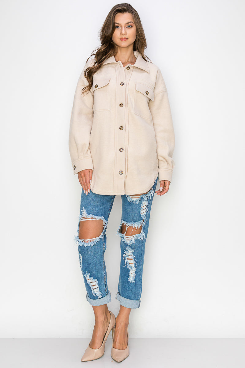 WK0022 Fleece Button Down Oversized Jacket - BEIGE / M - Burzip Wholesale