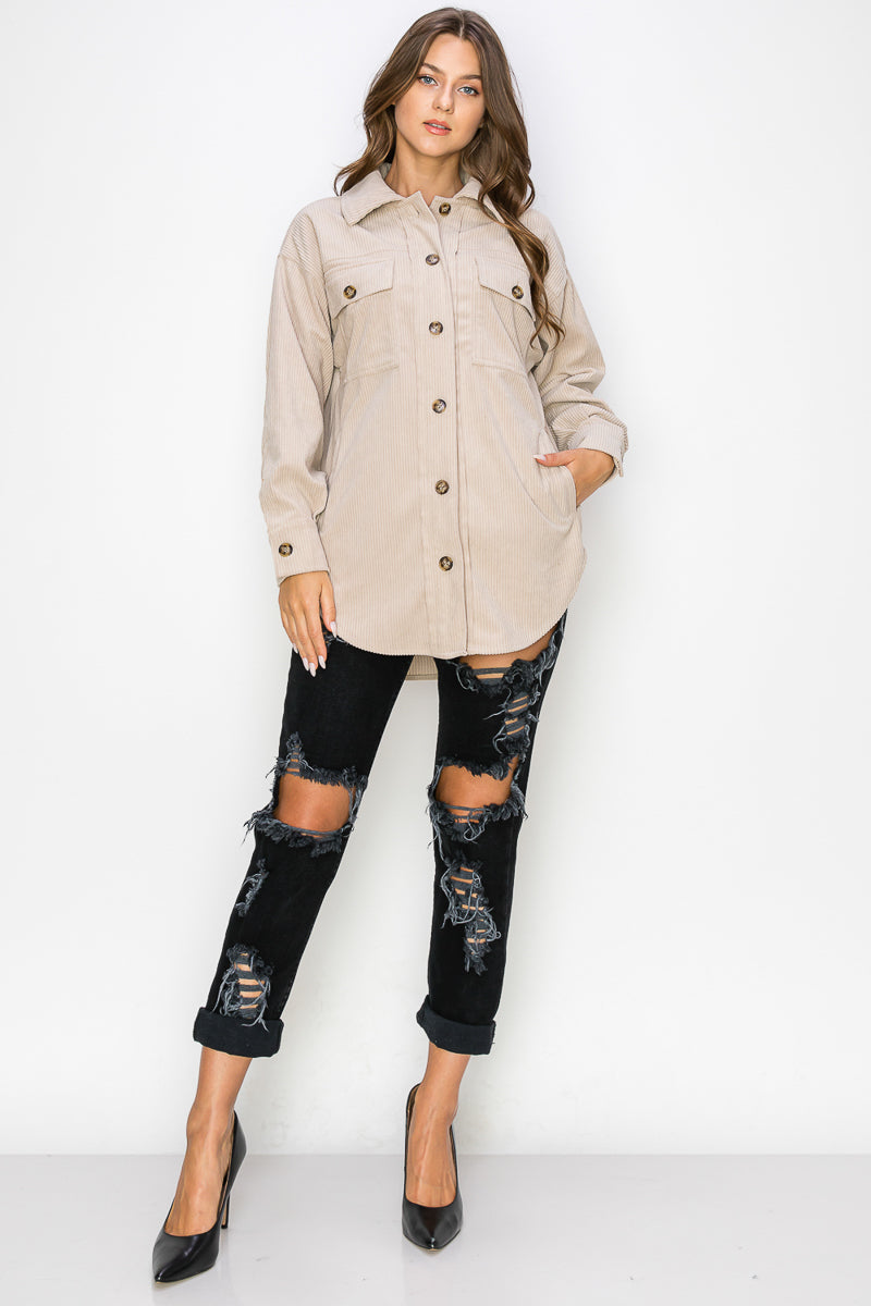 WK0023 Corduroy Button Front Shacket - MAUVE / M - Burzip Wholesale