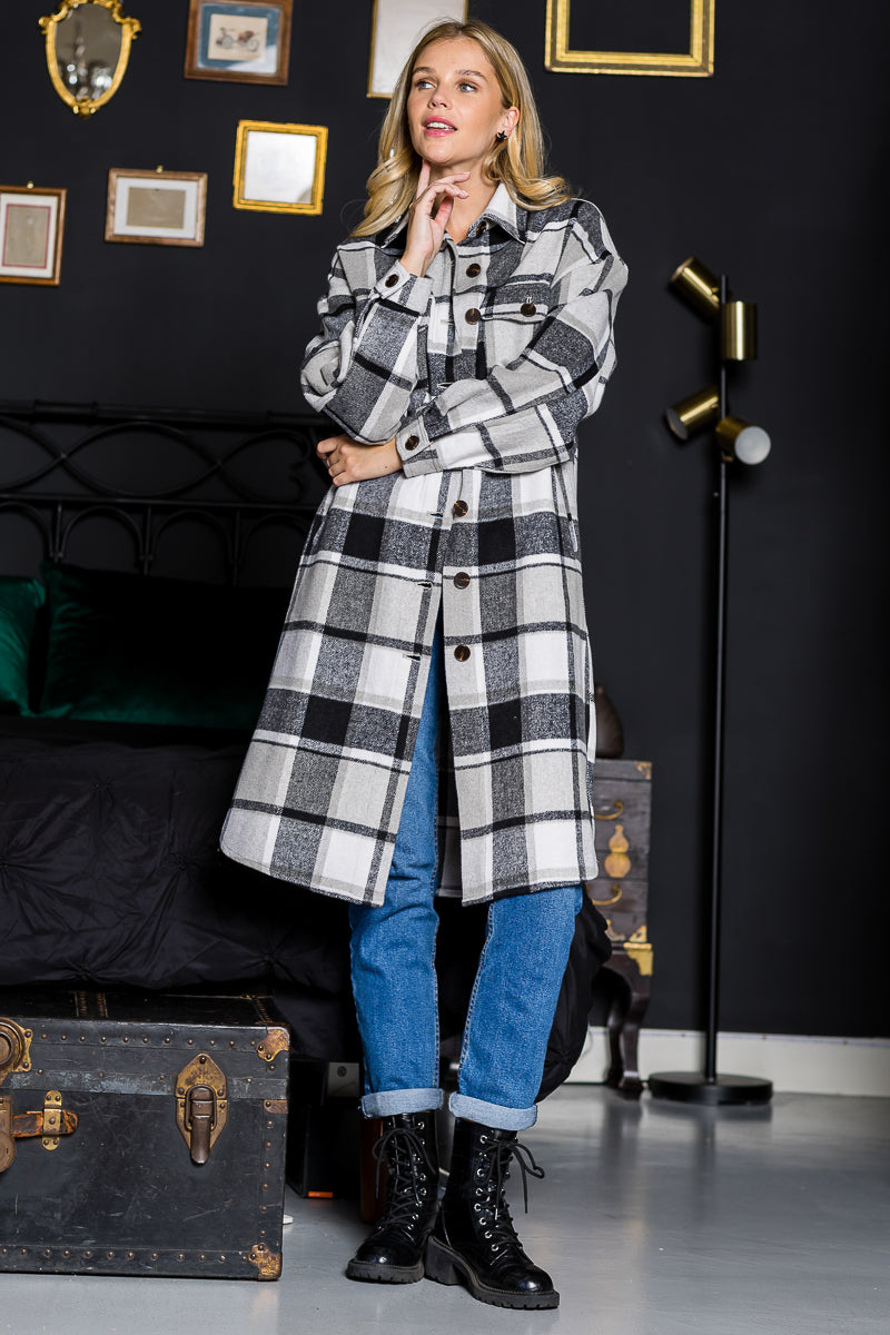 WK0034 Plaid Casual Long Shacket - RED / 222=6pcs * $24 - Burzip Wholesale