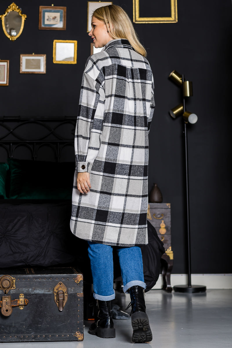 WK0034 Plaid Casual Long Shacket - BLK / 222=6pcs * $24 - Burzip Wholesale