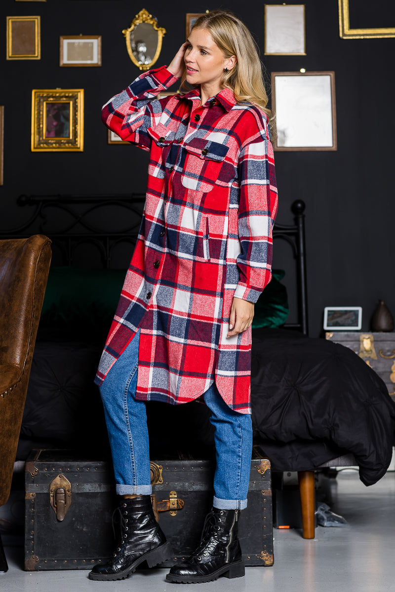 WK0034 Plaid Casual Long Shacket - RED / L - Burzip Wholesale