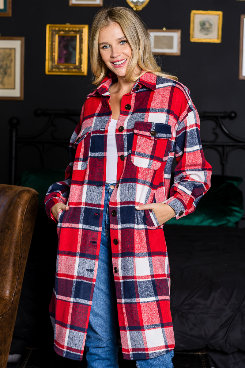 WK0034 Plaid Casual Long Shacket - BLK / L - Burzip Wholesale