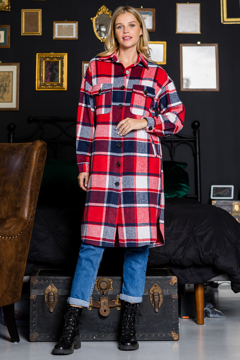 WK0034 Plaid Casual Long Shacket - BLK / 111=3pcs / $28 - Burzip Wholesale