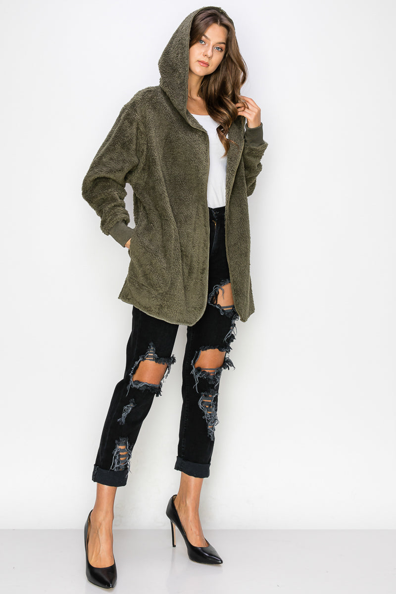 WK0042 Warm and Soft Fur Fabric Hoodie Jacket - SAND / L - Burzip Wholesale