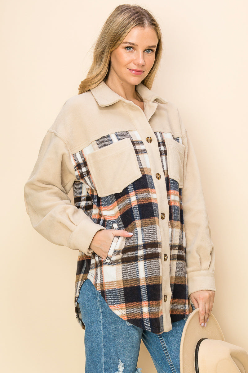 WK0044 Plaid Long Sleeve Shacket - selected color - Burzip Wholesale
