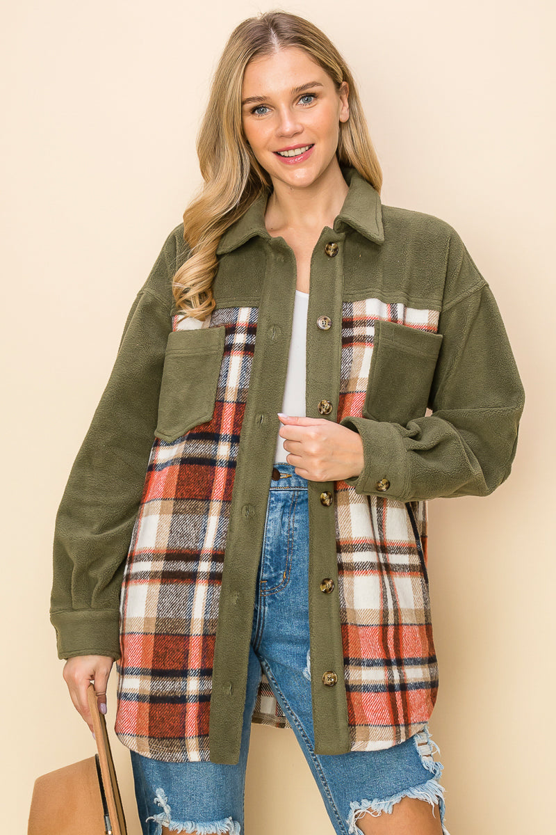 WK0044 Plaid Long Sleeve Shacket - BEIGE / M - Burzip Wholesale