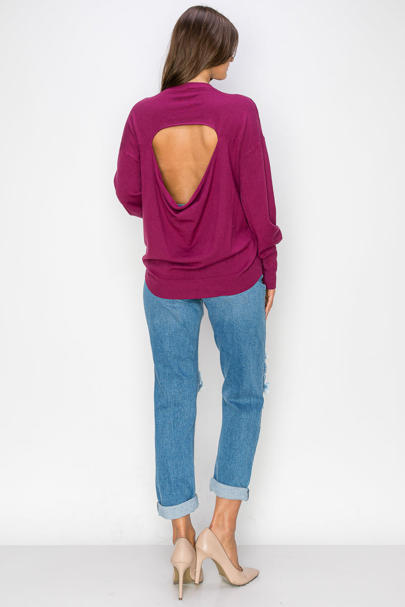 WT0001 Wholesale Cutout Draped Back Pullover - PLUM / L - Burzip Wholesale
