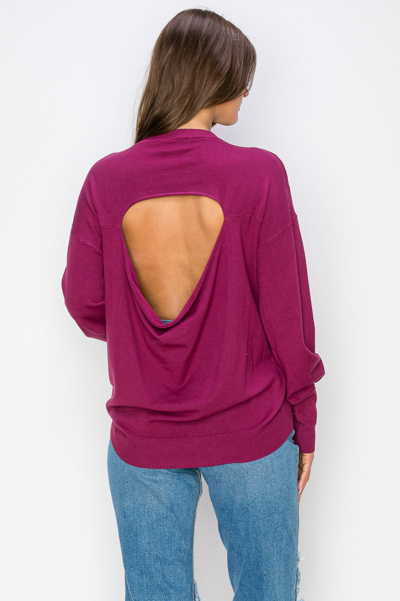 WT0001 Wholesale Cutout Draped Back Pullover - PLUM / XL - Burzip Wholesale