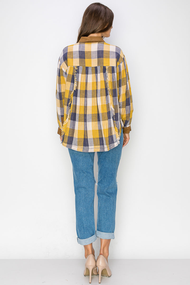 WT0035 Washed Balloon Sleeves Plaid Shirts - RED / S - Burzip Wholesale
