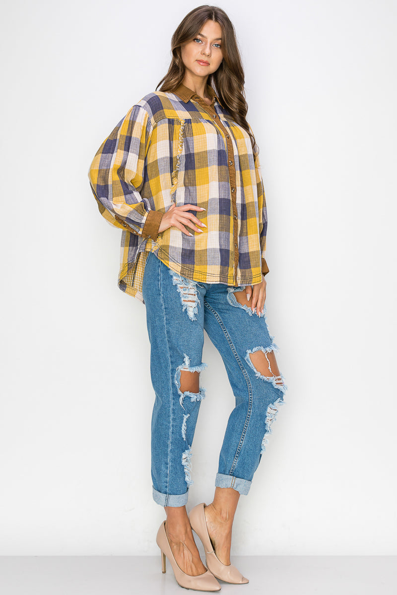 WT0035 Washed Balloon Sleeves Plaid Shirts - RED / M - Burzip Wholesale