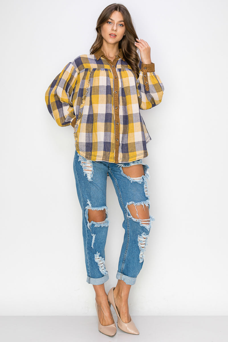 WT0035 Washed Balloon Sleeves Plaid Shirts - MUSTARD / 111=3pcs / $18 - Burzip Wholesale