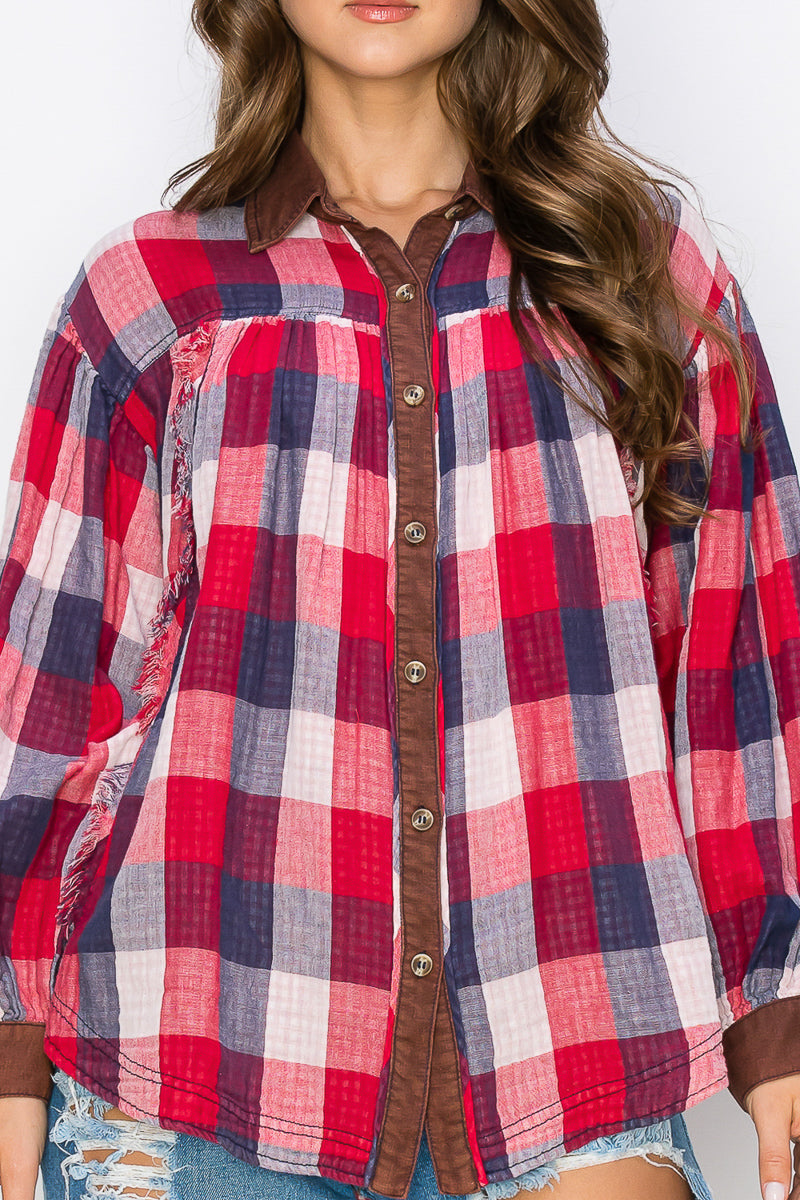 WT0035 Washed Balloon Sleeves Plaid Shirts - selected color - Burzip Wholesale