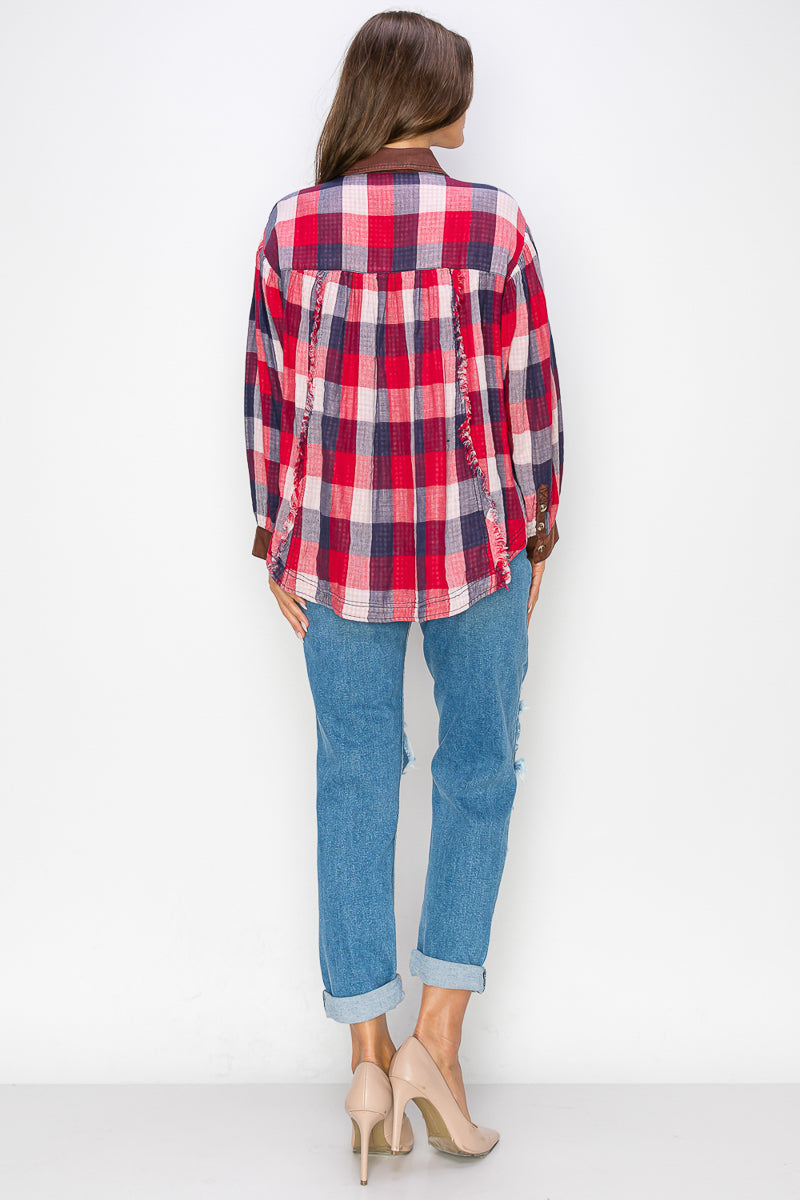 WT0035 Washed Balloon Sleeves Plaid Shirts - selected color - Burzip Wholesale