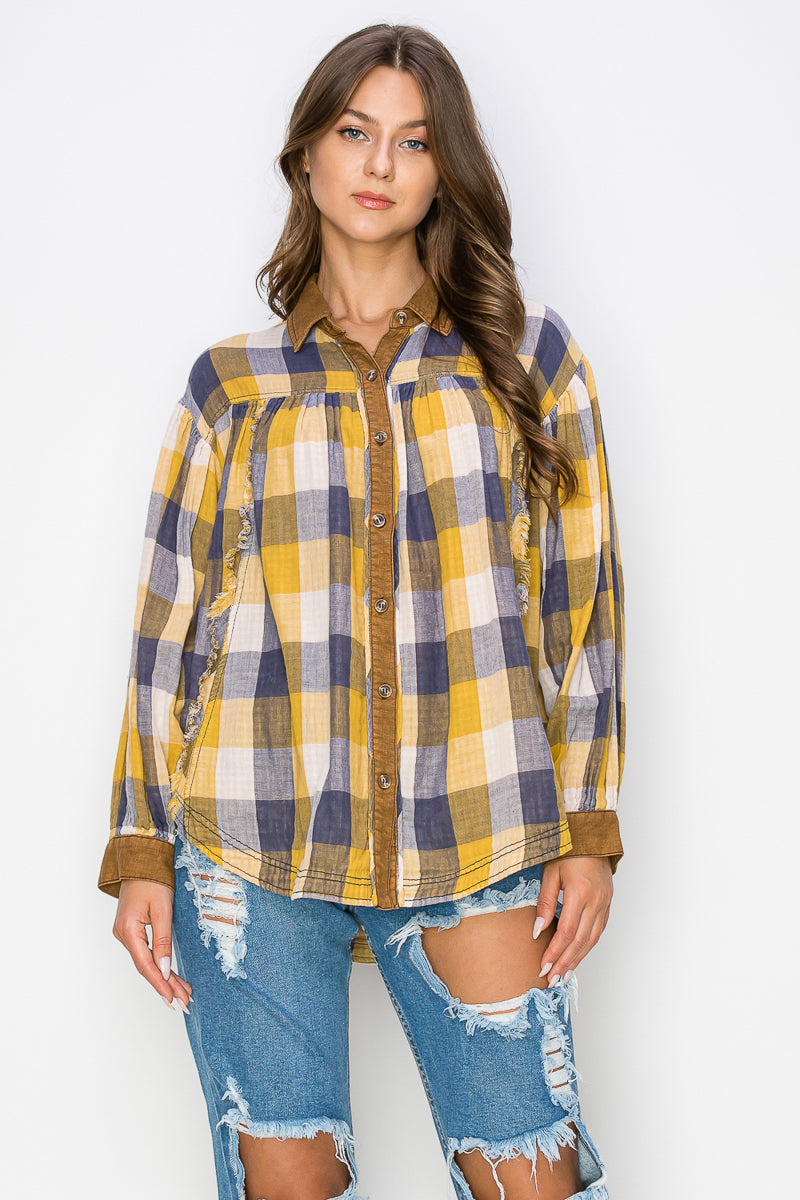 WT0035 Washed Balloon Sleeves Plaid Shirts - MUSTARD / S - Burzip Wholesale