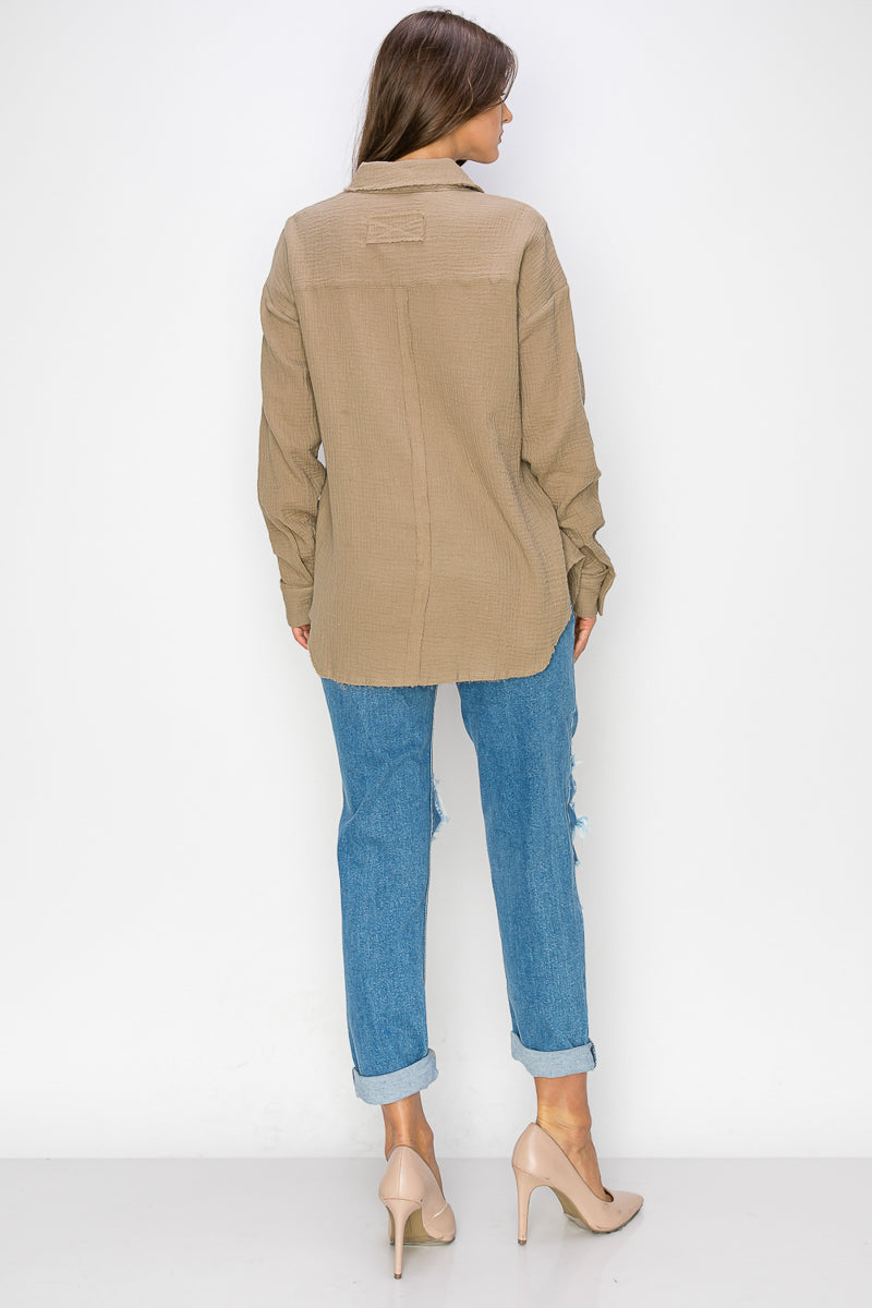 WT0039 Oversized Button Up Shirt - KHAKI / S - Burzip Wholesale