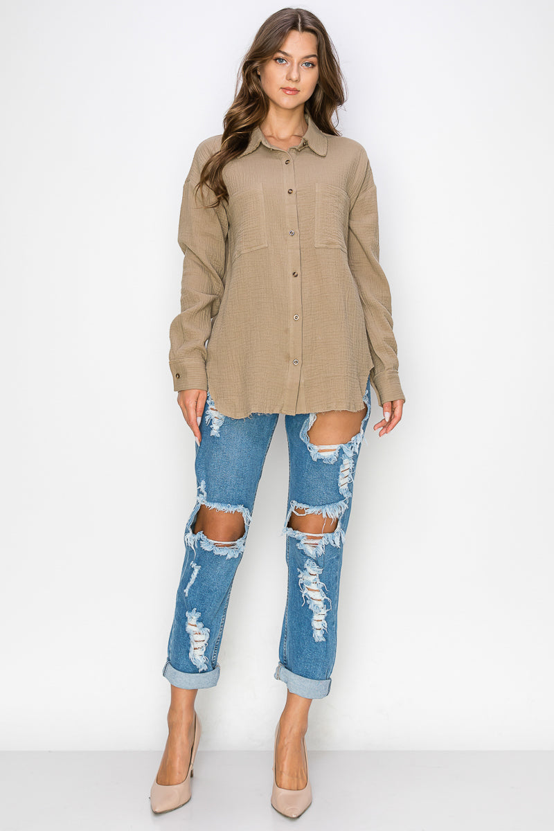 WT0039 Oversized Button Up Shirt - IVORY / M - Burzip Wholesale
