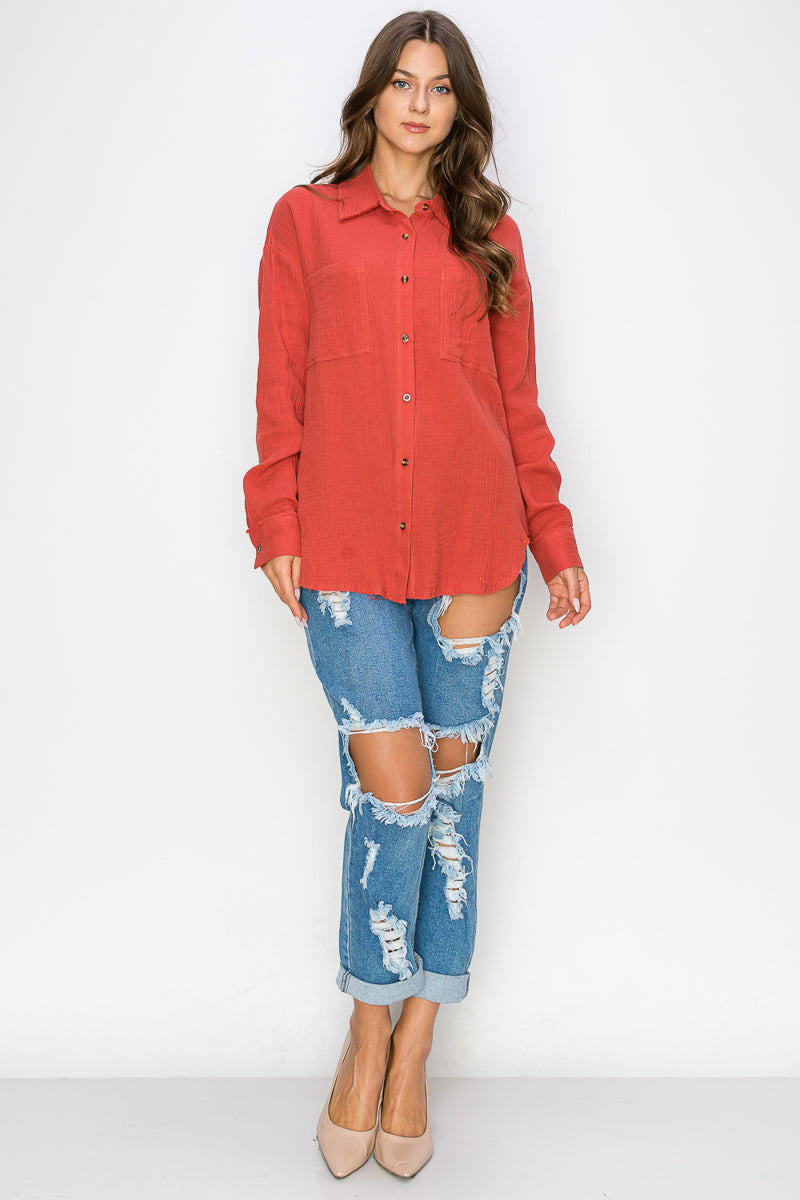 WT0039 Oversized Button Up Shirt - IVORY / L - Burzip Wholesale