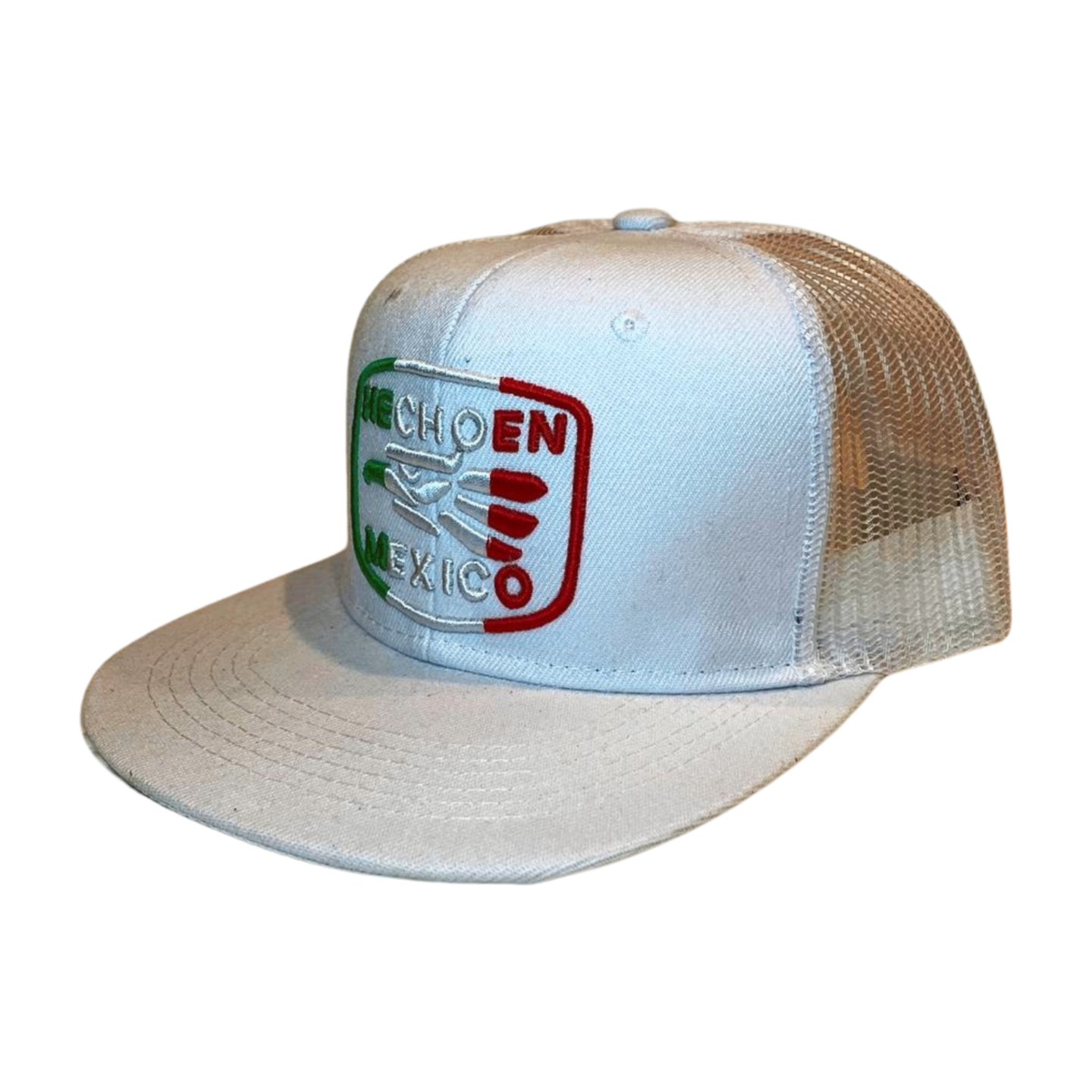 HPM-DZ-HECHOEN MEXICO EMB FLATBILL MESH BACK - WHT/REDEGLE - Burzip Wholesale