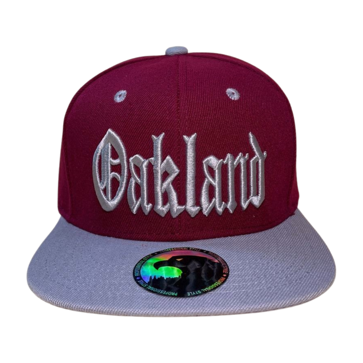 HPF-DZ-OKLAND CLASSIC LETTER EMB FLATBILL 12PCS/DZ - WINE/GREY - Burzip Wholesale