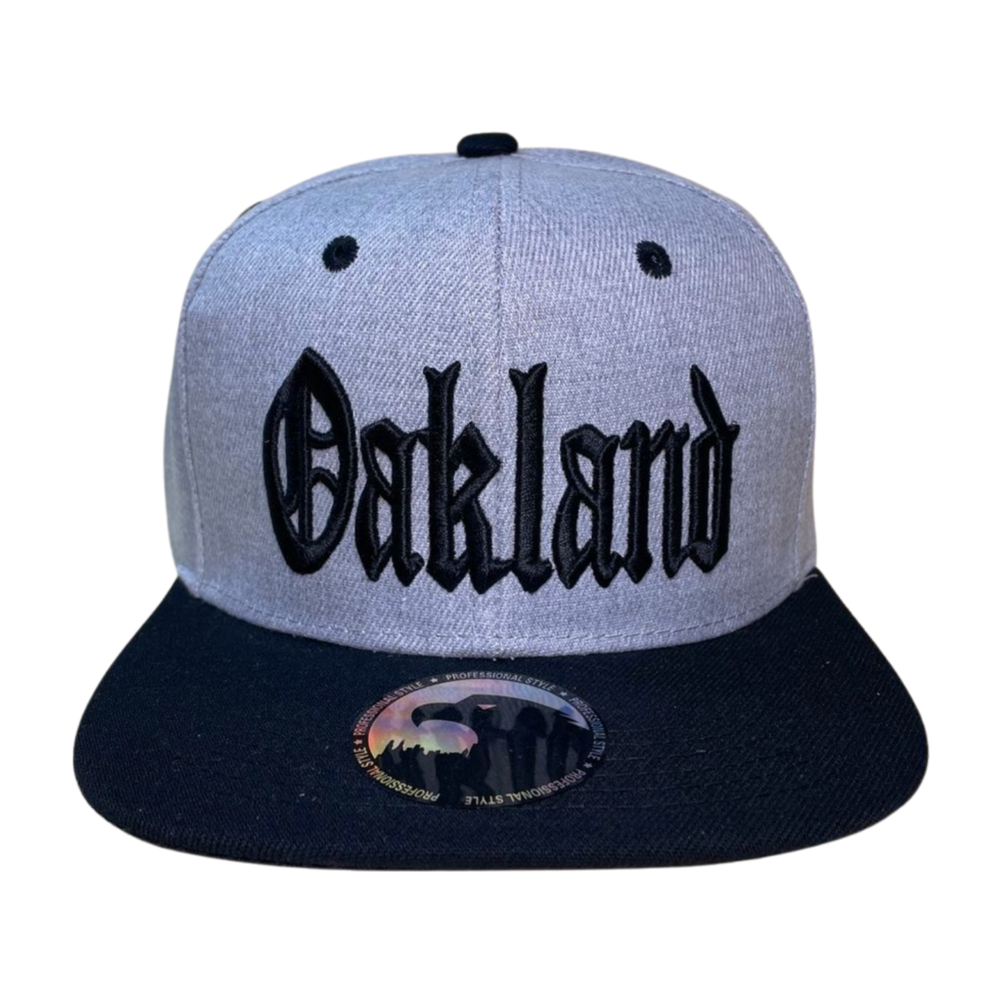 HPF-DZ-OKLAND CLASSIC LETTER EMB FLATBILL 12PCS/DZ - GREY/BLACK - Burzip Wholesale