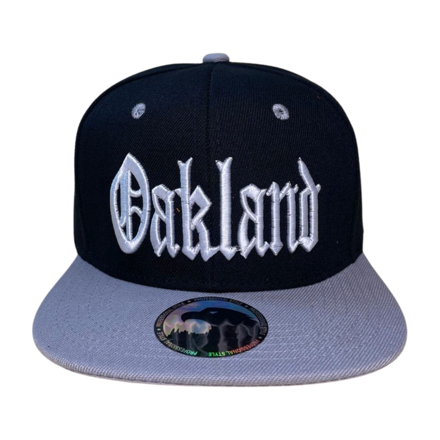 HPF-DZ-OKLAND CLASSIC LETTER EMB FLATBILL 12PCS/DZ - BLACK/GREY - Burzip Wholesale