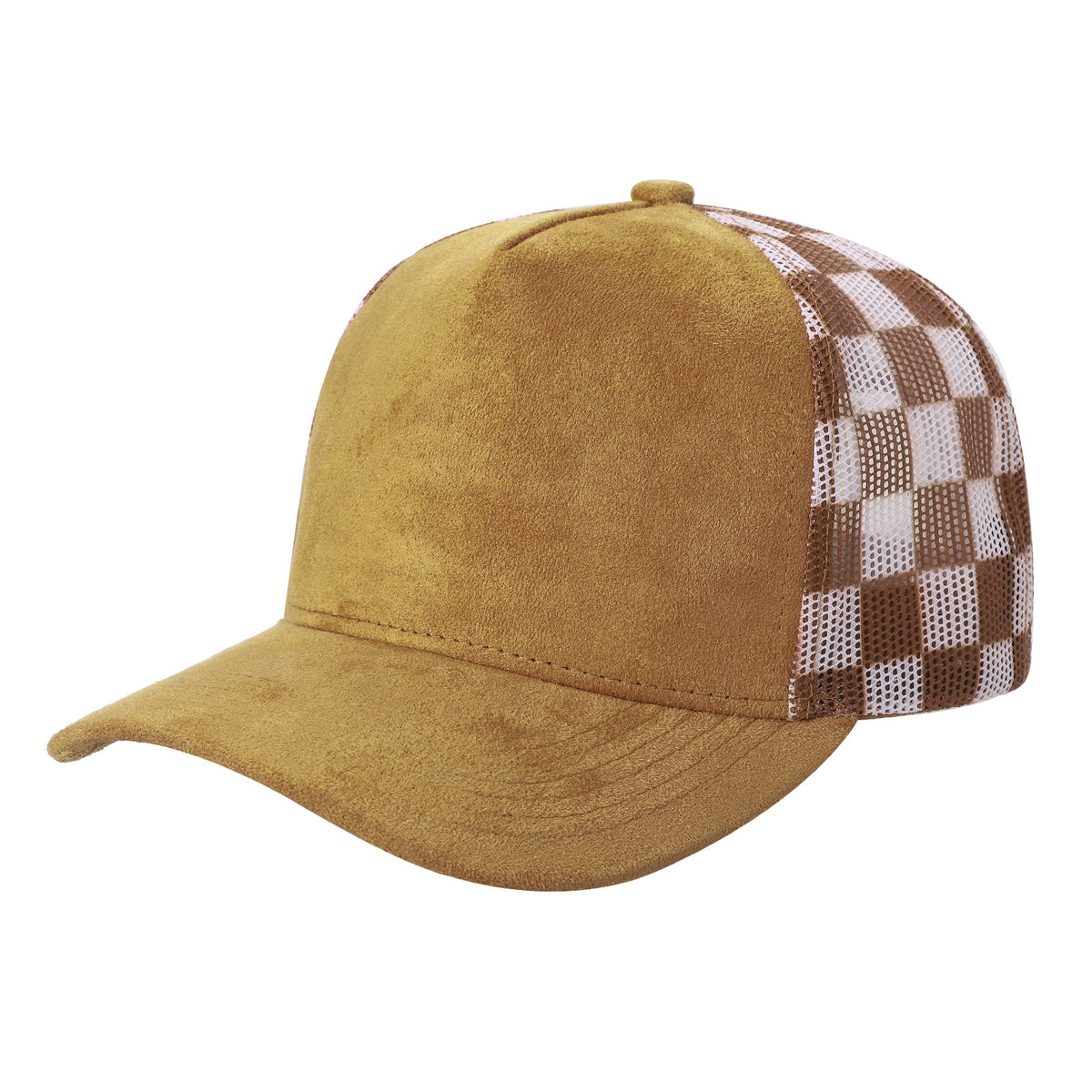 5 Panel Suede Mesh Checkered Design Snapback Cap - 502MC in L.BROWN - Style 502MC | Burzip