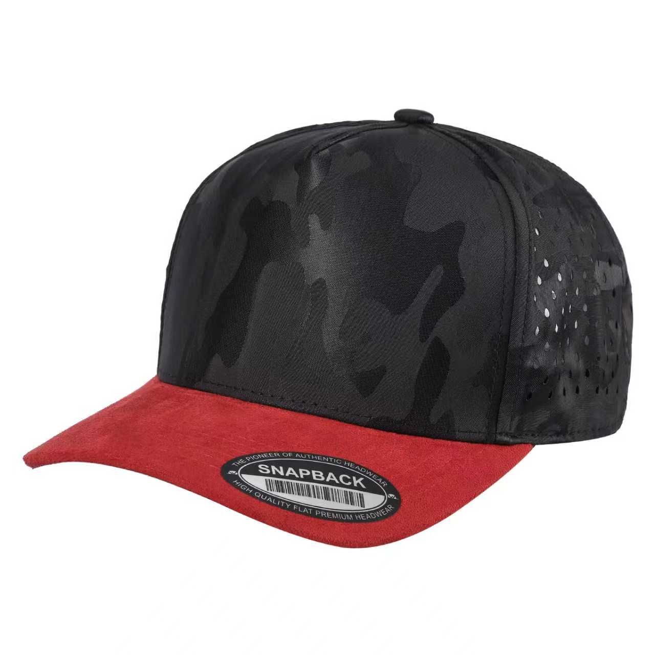 5panel Camo Crown W/ Laser Vented Back and Suede Bill Snapback Tccsl - BLK/RED - Burzip Wholesale