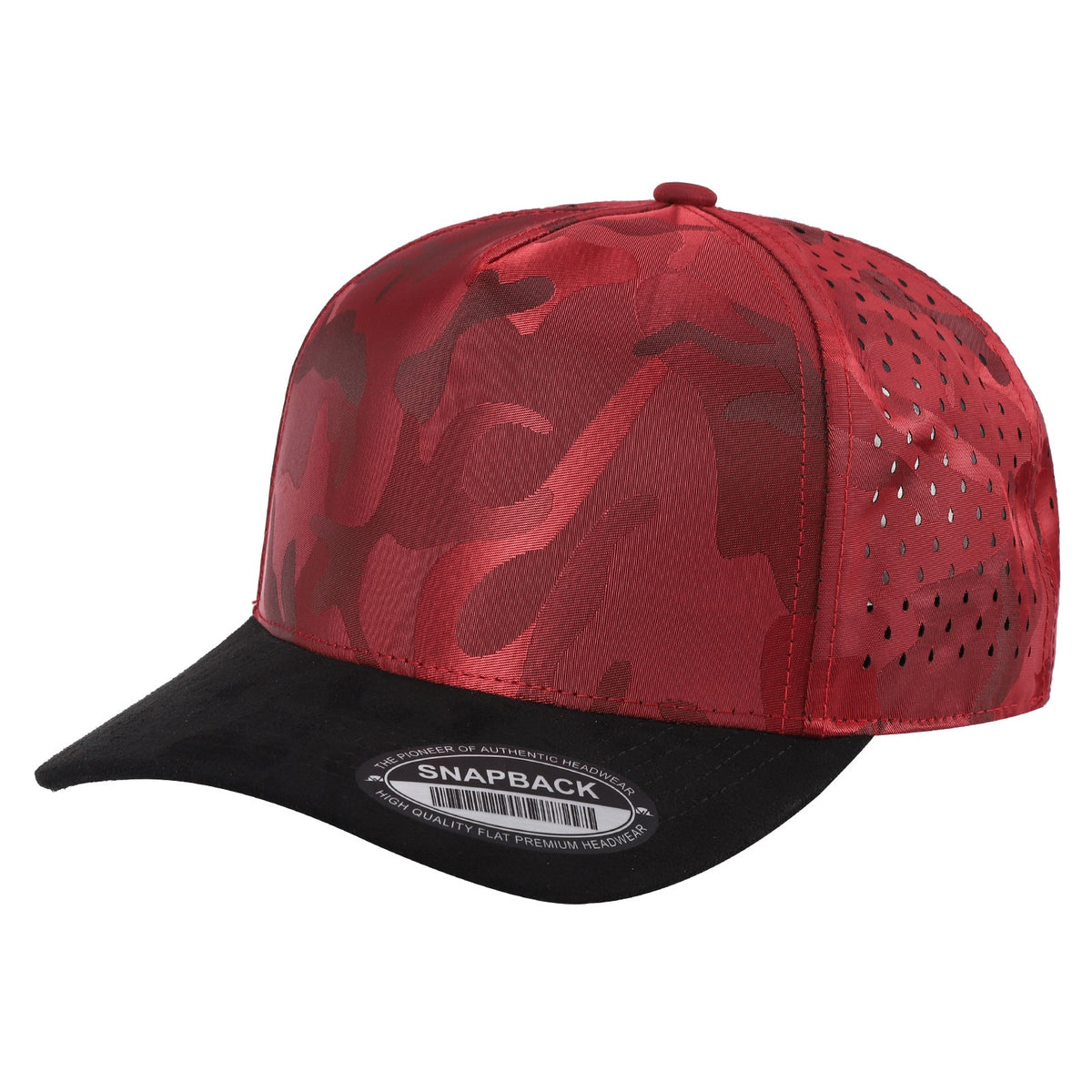 5panel Camo Crown W/ Laser Vented Back and Suede Bill Snapback Tccsl - RED/BLK - Burzip Wholesale