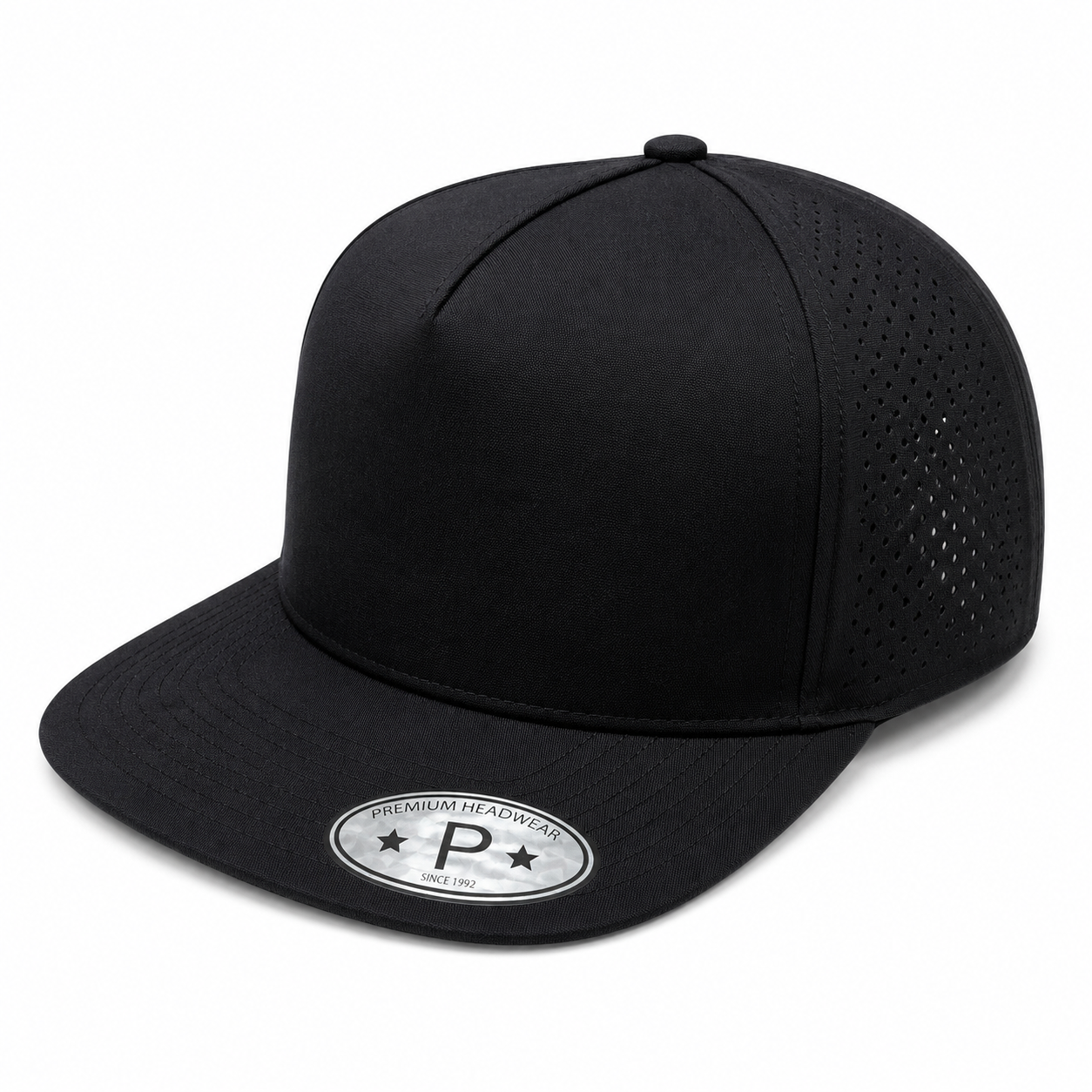 Black 533FL 5 panel laser perforated cap shown in flat bill presentation