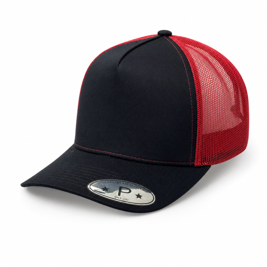 Black and Red 5 Panel Curved Bill Mesh Snapback Cap #5PCM