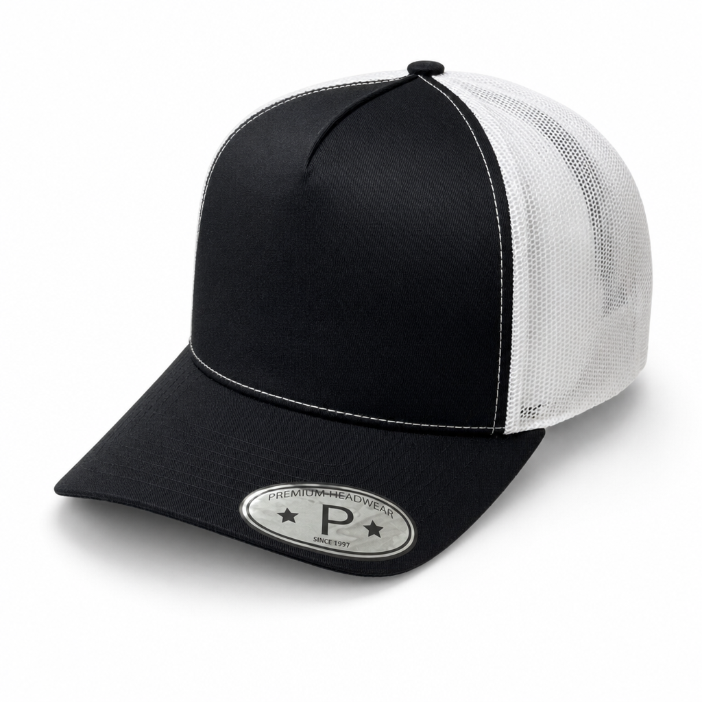 Black and White 5 Panel Curved Bill Mesh Snapback Cap #5PCM
