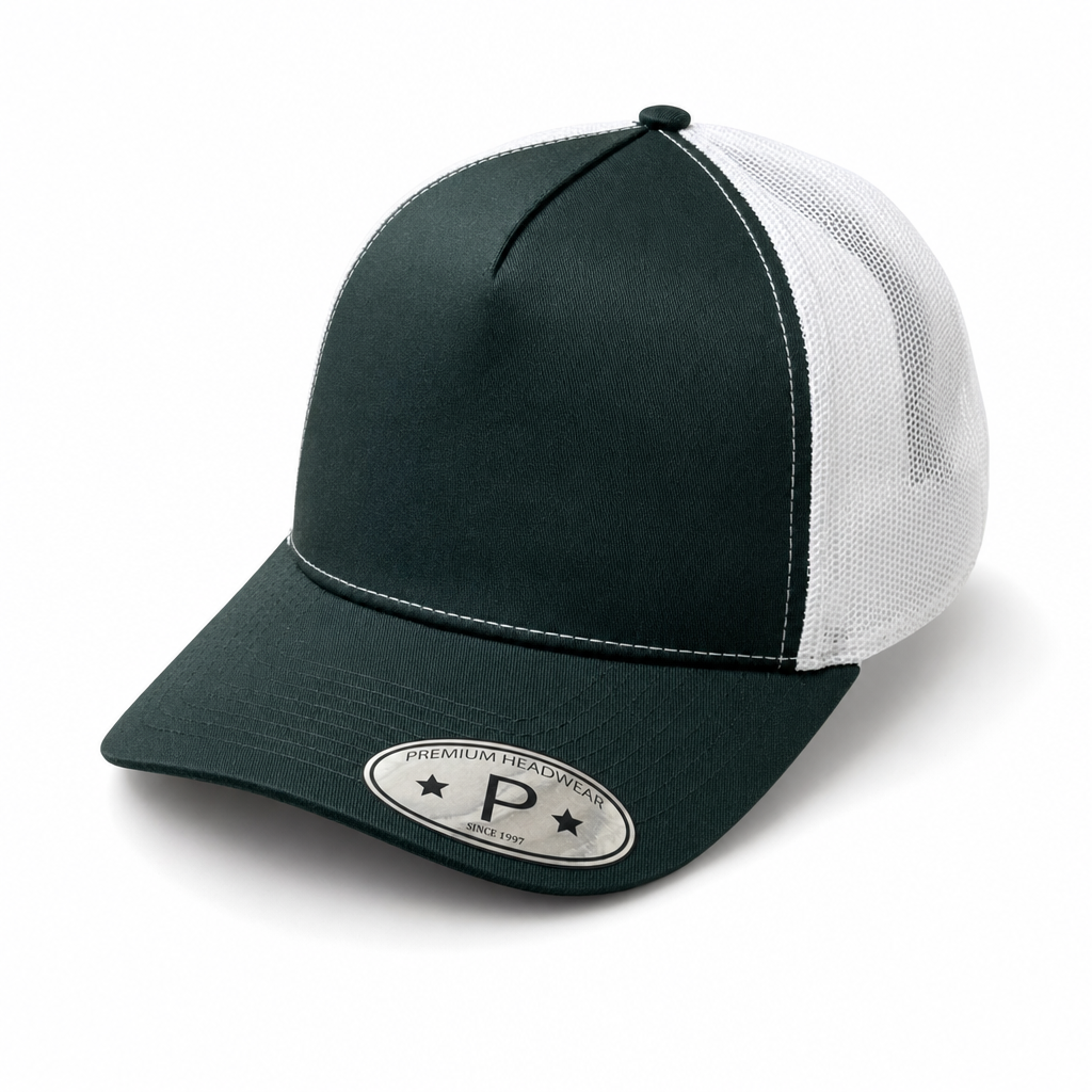Dark Green and White 5 Panel Curved Bill Mesh Snapback Cap #5PCM