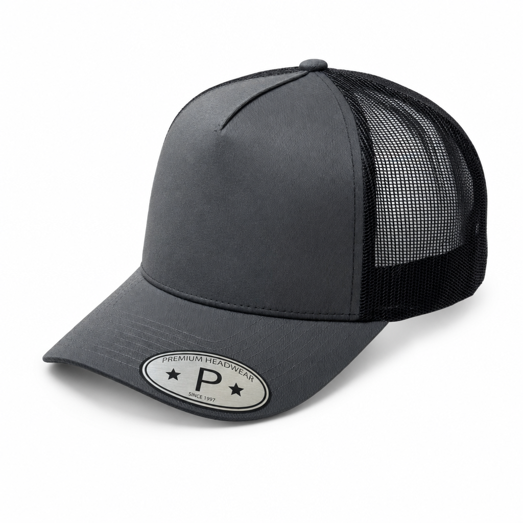 Dark Grey and Black 5 Panel Curved Bill Mesh Snapback Cap #5PCM
