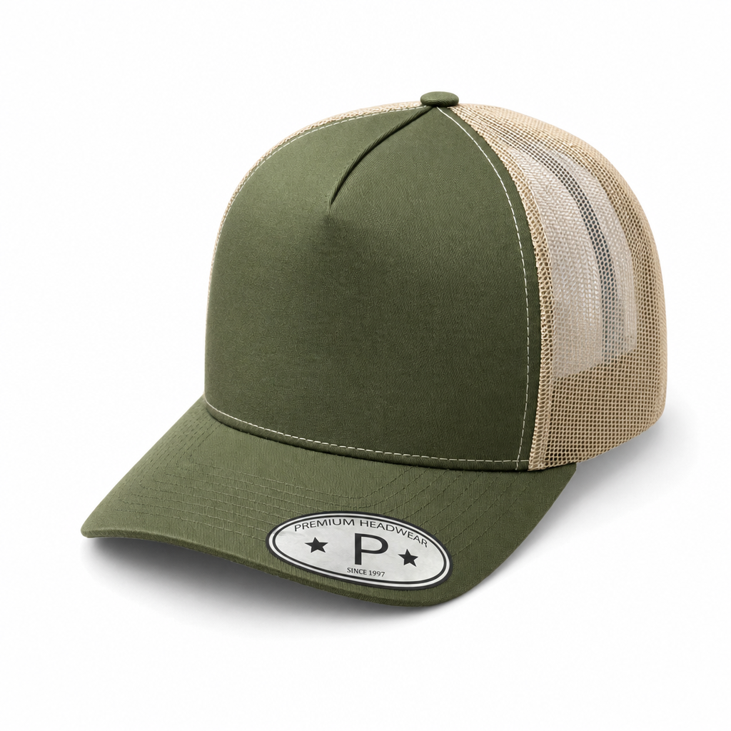 Olive and Khaki 5 Panel Curved Bill Mesh Snapback Cap #5PCM