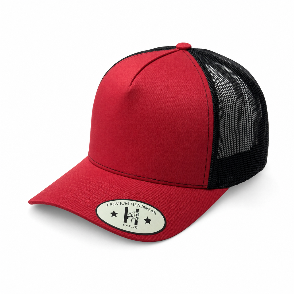 Red and Black 5 Panel Curved Bill Mesh Snapback Cap #5PCM