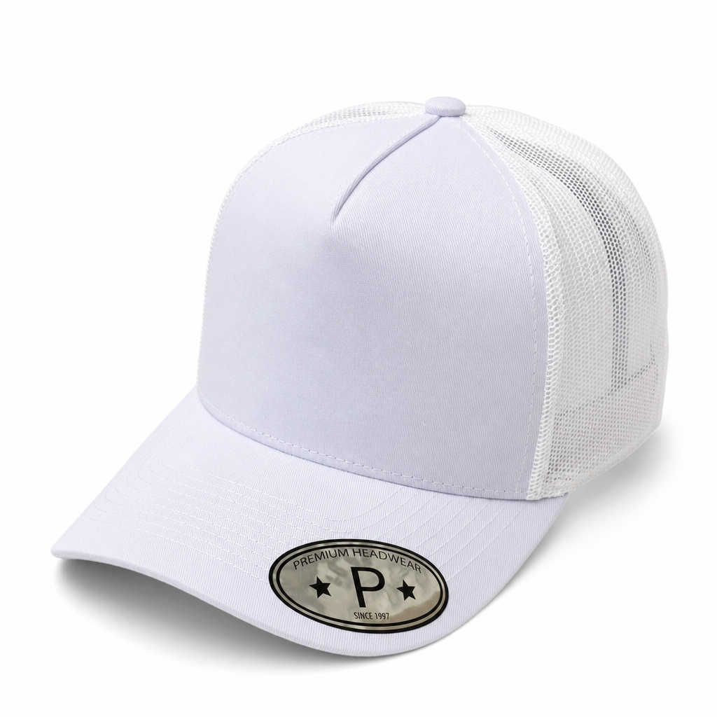 White 5 Panel Curved Bill Mesh Snapback Cap #5PCM