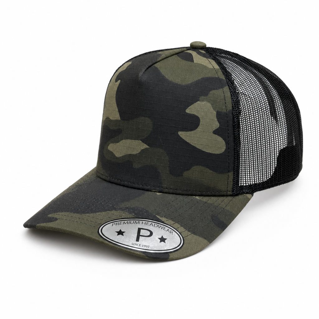 5 Panel Curved Bill Mesh Snapback Mexico Flag Designed Under Bill Plain Cap #506MU-MX in CAMO-BLACK - Style 5PCMU-MX | Burzip