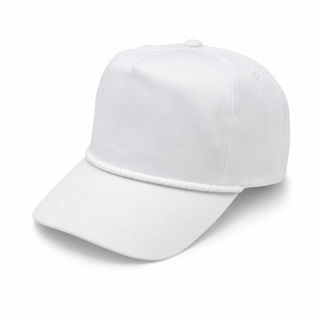 5 Panel Unstructured W/Rope front Snapback Plain cap #506R in WHITE - Style 5PCR-UNS | Burzip