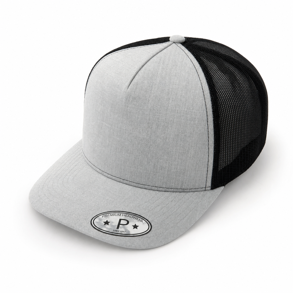 Heather Grey and Black 6 Panel High Profile Flat Bill Mesh Trucker Cap