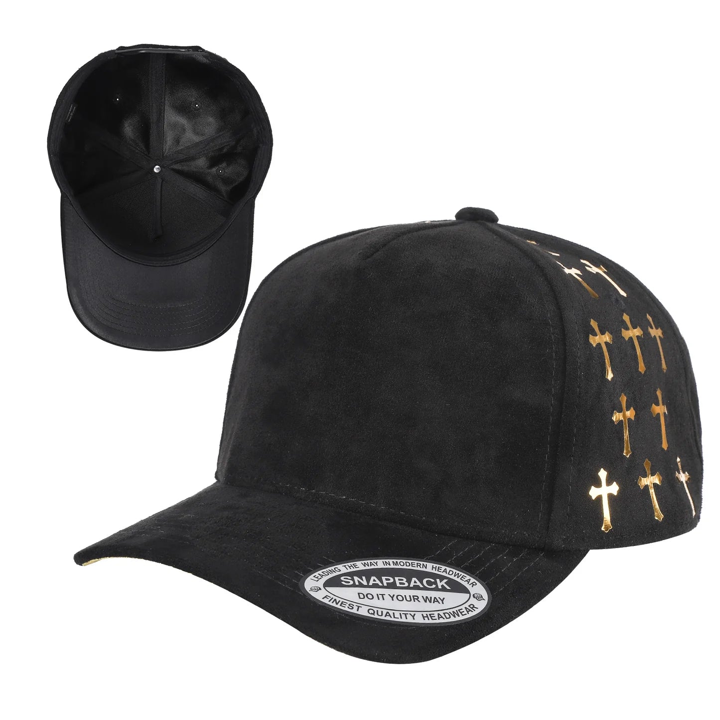5Panel Suede Fabric Cap with Satin Gilding 5sstg - BLK/BLK/GOLD - Burzip Wholesale