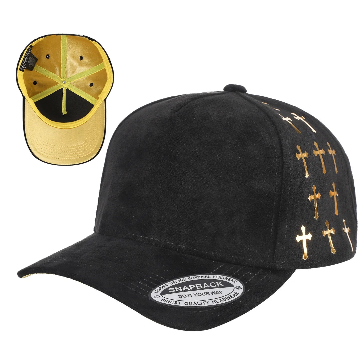 5Panel Suede Fabric Cap with Satin Gilding 5sstg - BLK/GOLD/GOLD - Burzip Wholesale