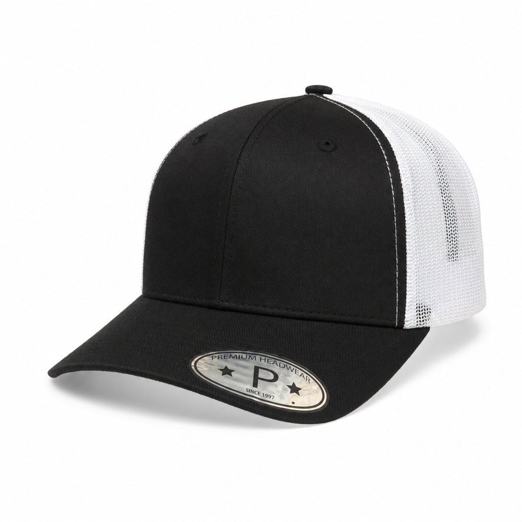 6 Panel Trucker mesh back Snapback Plain Cap #606M in BLACK-WHITE - Style 6PCM | Burzip