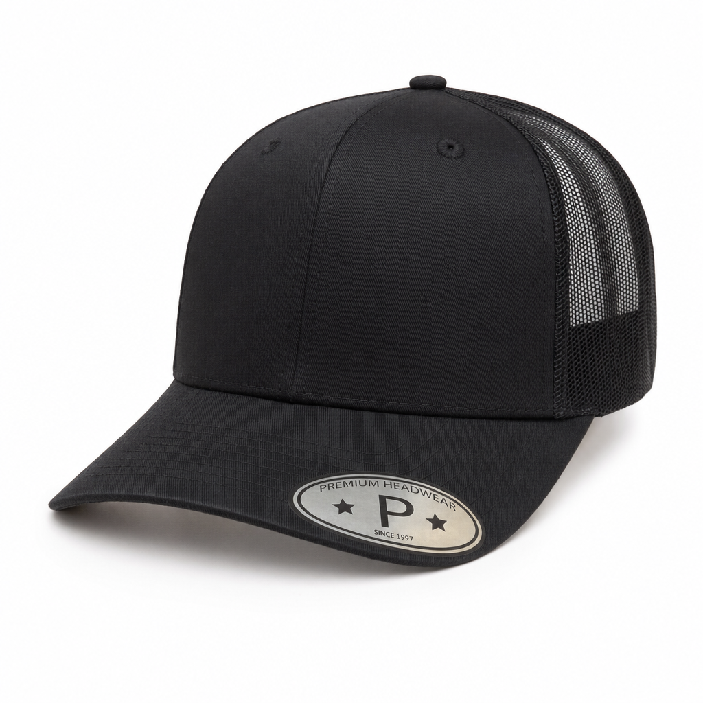 6 Panel Trucker mesh back Snapback Plain Cap #606M in BLACK - Style 6PCM | Burzip