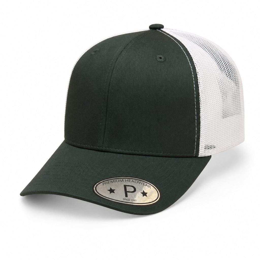 6 Panel Trucker mesh back Snapback Plain Cap #606M in D.GREEN-WHITE - Style 6PCM | Burzip