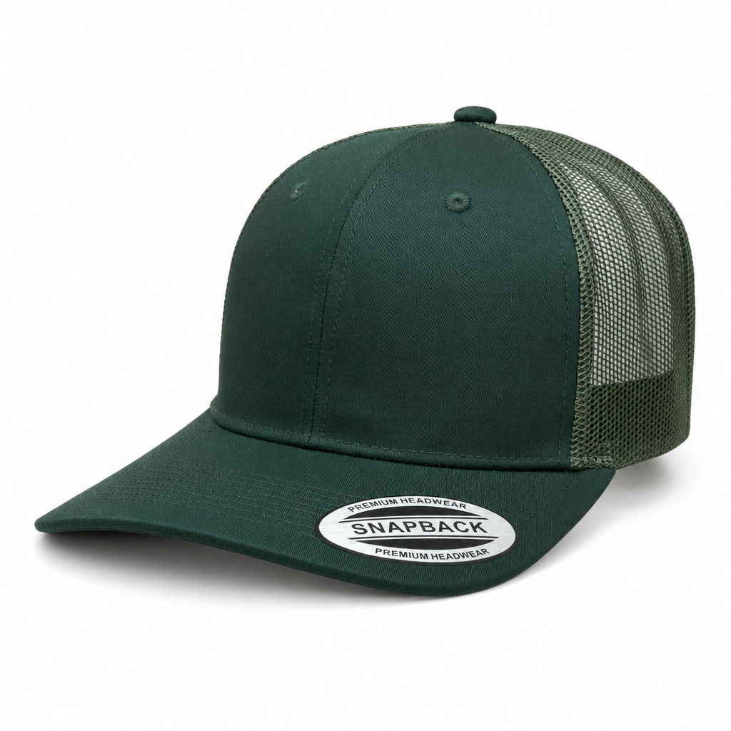 6 Panel Trucker mesh back Snapback Plain Cap #606M in D.GREEN - Style 6PCM | Burzip