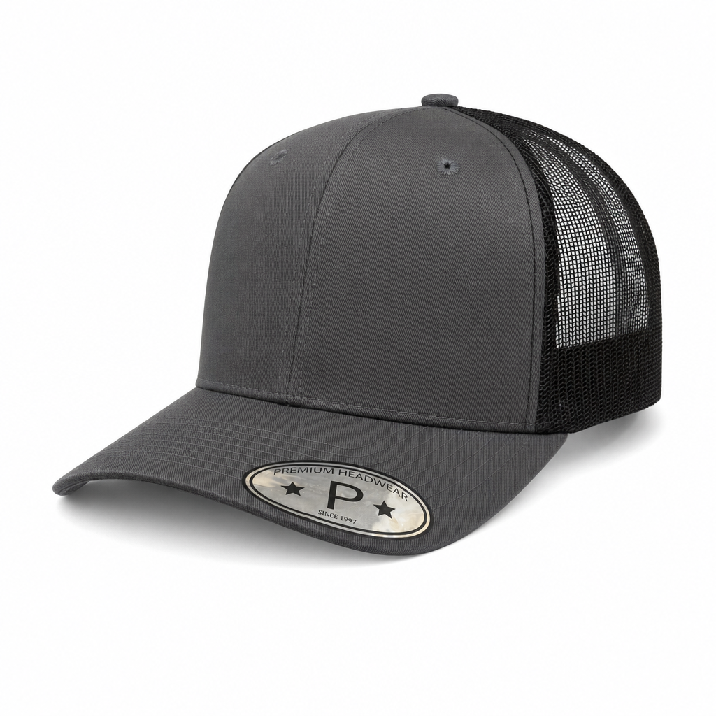 6 Panel Trucker mesh back Snapback Plain Cap #606M in D.GREY-BLACK - Style 6PCM | Burzip