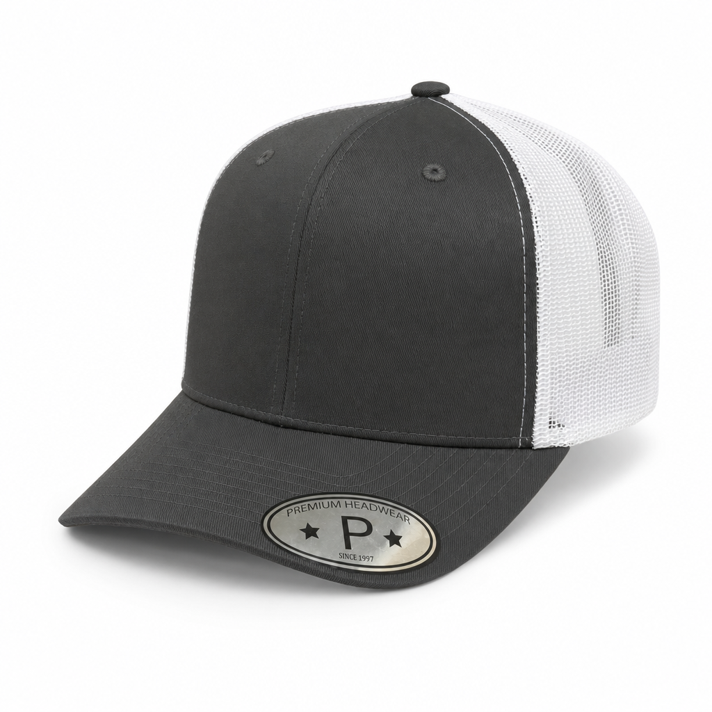 6 Panel Trucker mesh back Snapback Plain Cap #606M in D.GREY-WHITE - Style 6PCM | Burzip
