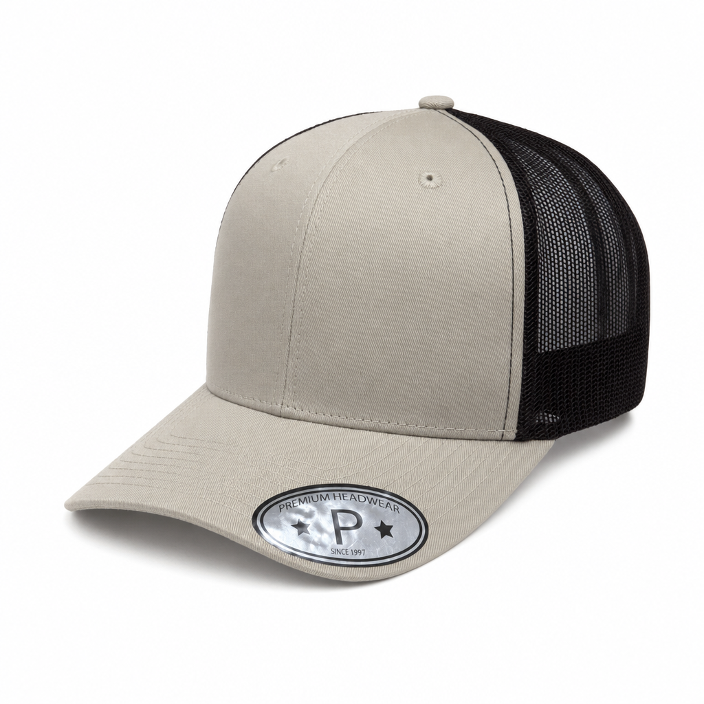 6 Panel Trucker mesh back Snapback Plain Cap #606M in KHAKI-BLACK - Style 6PCM | Burzip