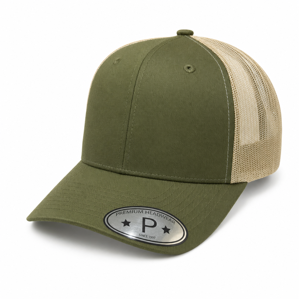 6 Panel Trucker mesh back Snapback Plain Cap #606M in OLIVE-KHAKI - Style 6PCM | Burzip